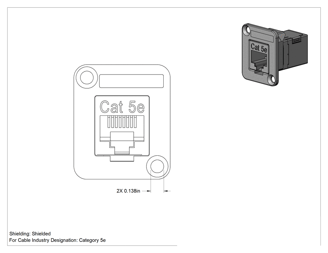 Teknik Çizim - Panele Monte RJ45 Adaptörü, Korumalı Vidalı, Plastik Muhafaza, Kategori 5E