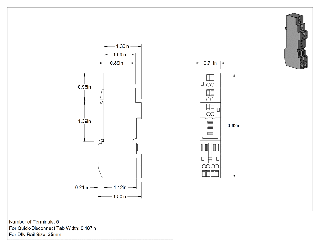 Teknik Çizim - Yaylı Kelepçeli Terminalleri Olan Röle Soketi, 3.6" Yükseklik