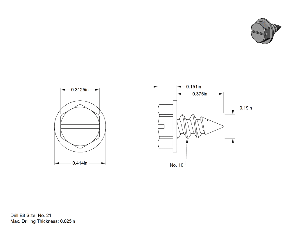 Teknik Çizim - 18-8 Paslanmaz Çelik Sac Metal için Flanşlı Altıköşe Başlı Vidalar, 10 Numaralı Boyut, 3/8" Uzunluk