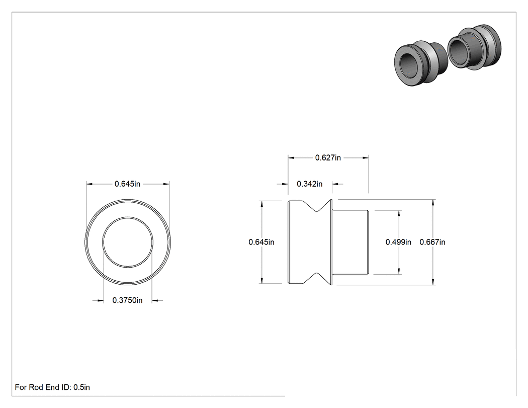 Teknik Çizim - Bilyalı Mafsal Çubuk Ucu Redüktörleri, 1/2" Çubuk Ucu İç Çapı için, 3/8" İç Çap