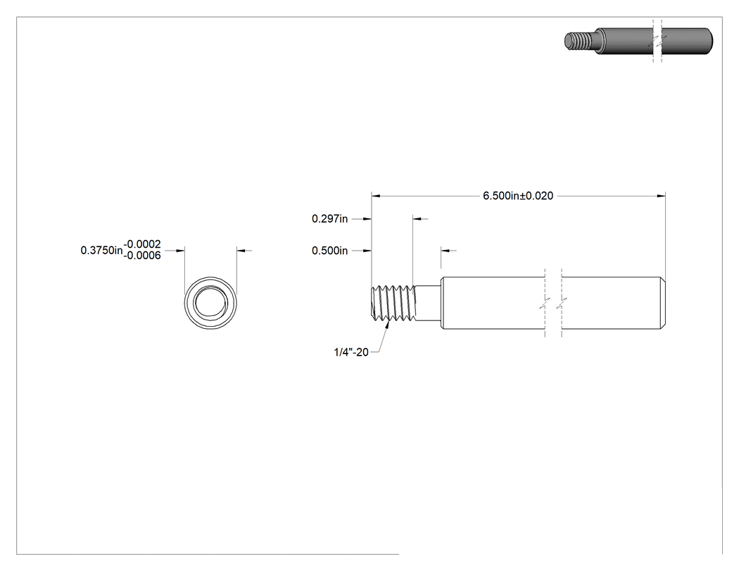 Teknik Çizim - 1050 Karbon Çelik Dişli Doğrusal Hareket Mili, Dişli Uç x Düz Uç, 3/8" Çap, 6-1/2" Uzunluk
