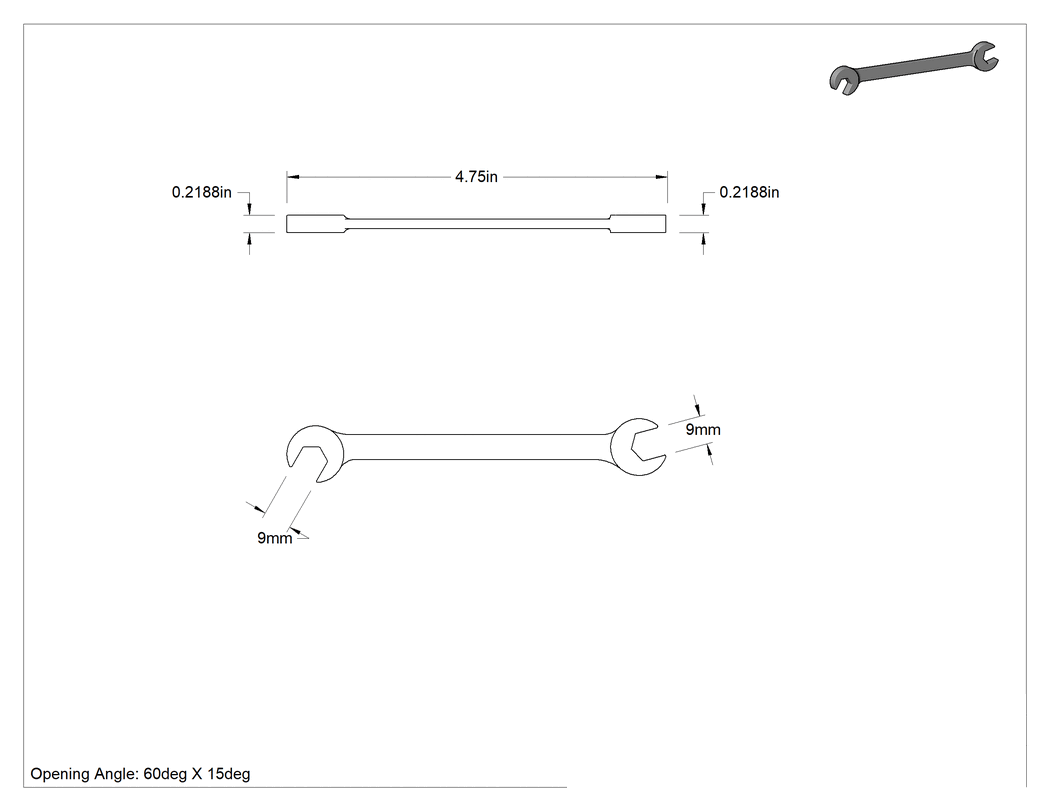 Teknik Çizim - 60 Derece Açılı Açık Uçlu Anahtar, Krom Kaplamalı, 9 mm x 9 mm Boyut, 4-3/4" Uzunluk