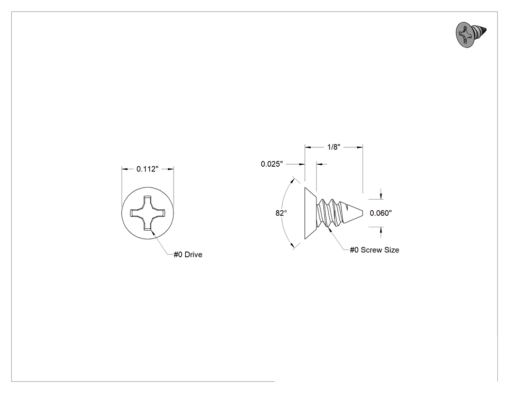 Teknik Çizim - 18-8 Paslanmaz Çelik Metal için Phillips Havşa Başlı Vidalar, 0 Numaralı Boyut, 1/8" Uzunluk