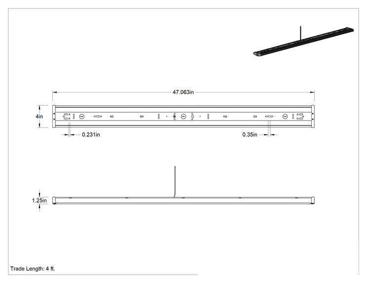 Teknik Çizim - Sargılı Lensli Tavan Lambası, Pürüzsüz Buzlu Polikarbonat Lens, 48" Toplam Uzunluk