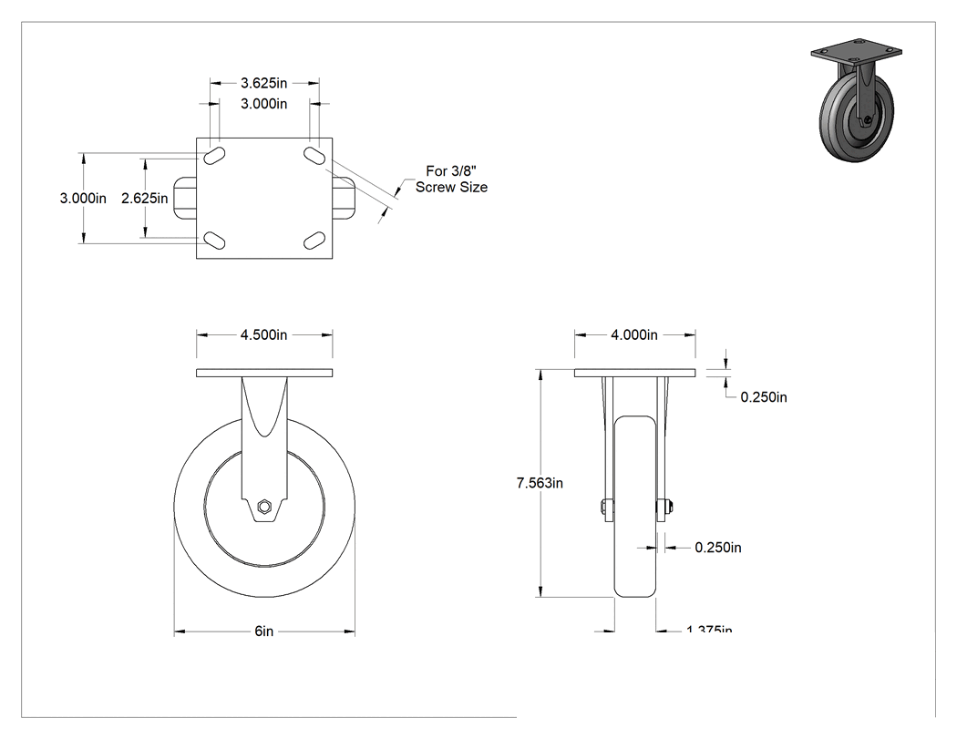 Teknik Çizim - 4-1/2" x 4" Plakalı Parlak Yüzeyli Tekerlek, 6 inç Çapında Kauçuk Tekerlekli Sert