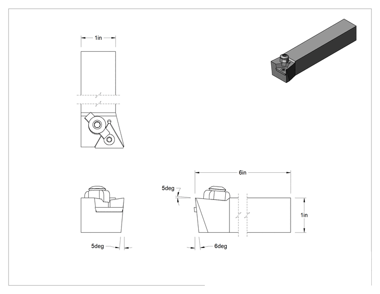 Teknik Çizim - Döner Karbür Uç Tutucu, CTFP, Sağ Yönlü, 1/2" iç çaplı daire çapı için, 1" Şaft Genişliği