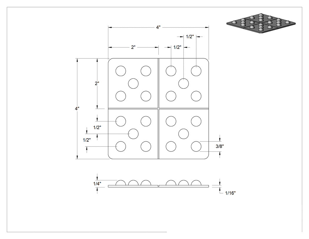Teknik Çizim - Hassas Ekipmanlar için Titreşim Sönümleyici Ped, 4" x 4" x 1/4", Montaj Noktası Başına 2 PSI Kapasite