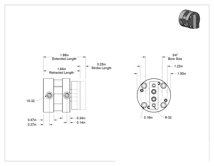 Teknik Çizim - Dönmeyen Kompakt Bağlantı Çubuğu Hava Silindiri, 3/4" Delik Boyutu, 1-1/2" Dış Çap, 1/4" Strok