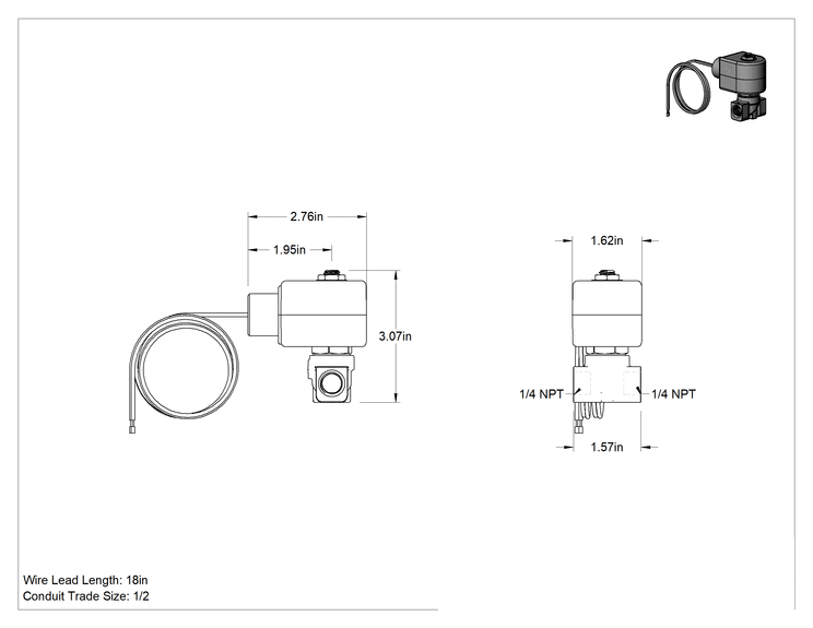 Teknik Çizim - Pirinç Gövdeli Kompakt Solenoid Açma/Kapama Vanası, 24V AC, 1/4 NPT Dişi, 0.11 Cv