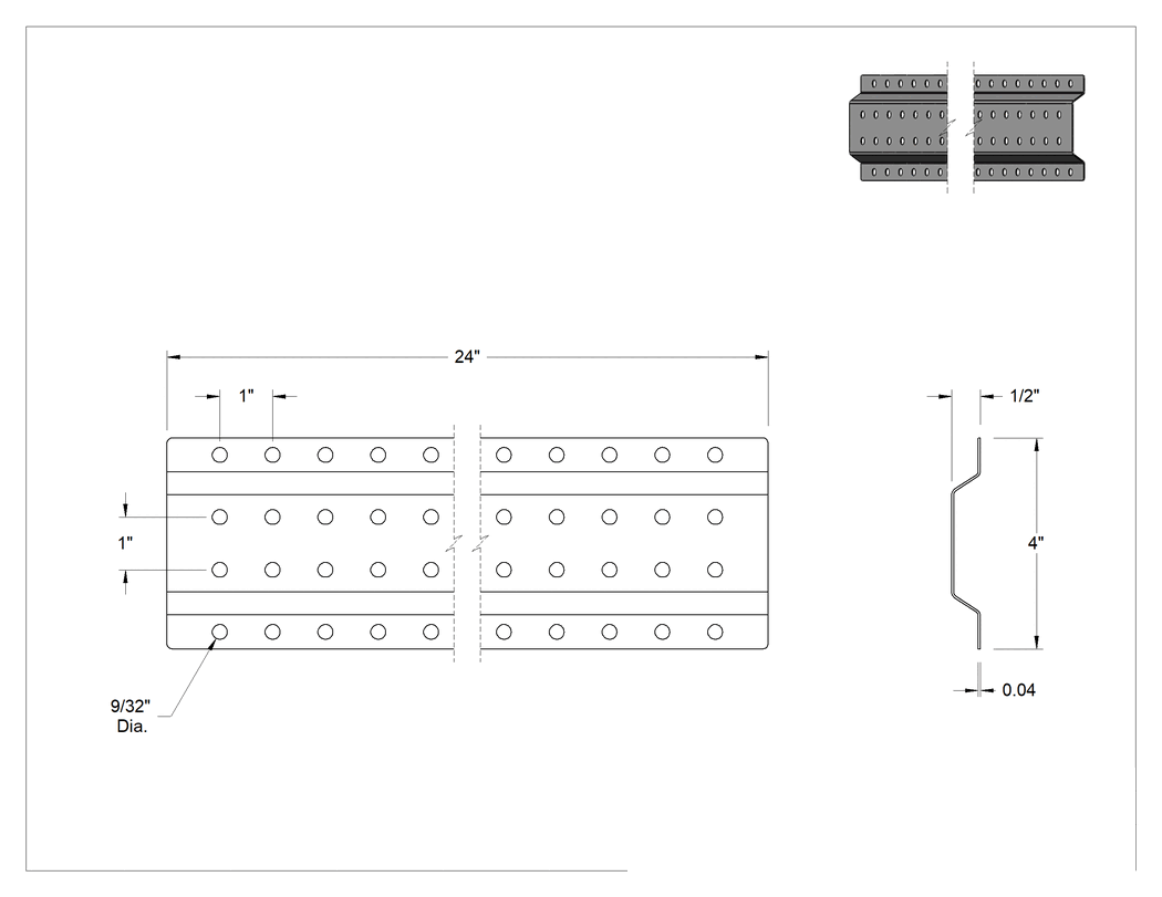 Teknik Çizim - Delikli Pano Şeridi, Mat Alüminyum, 9/32" Çaplı Delikler, 24 inç Genişlik x 4 inç Yükseklik