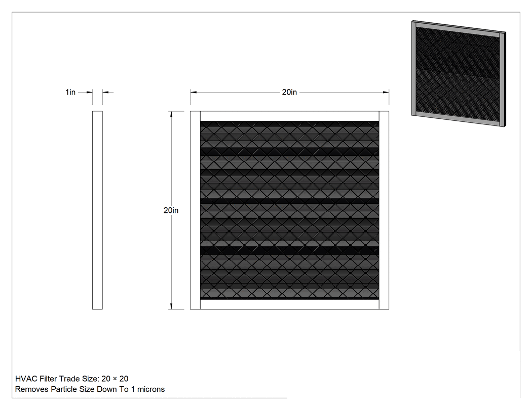 Teknik Çizim - Bluetooth Özellikli Pileli Panel Hava Filtresi, 20 x 20 Anma Ölçüsü, 1" Kalınlık