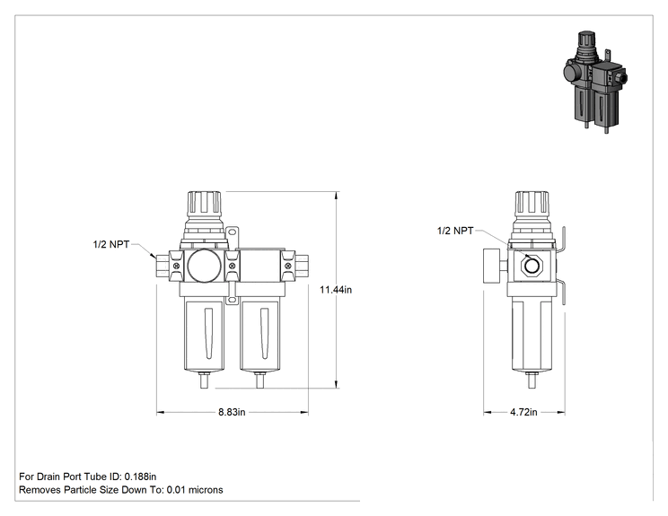 Teknik Çizim - Modüler Basınçlı Hava Filtresi/Regülatörü, Yağ ve Parçacıklar için, Parker Serisi P33C, 1/2 NPT Dişi