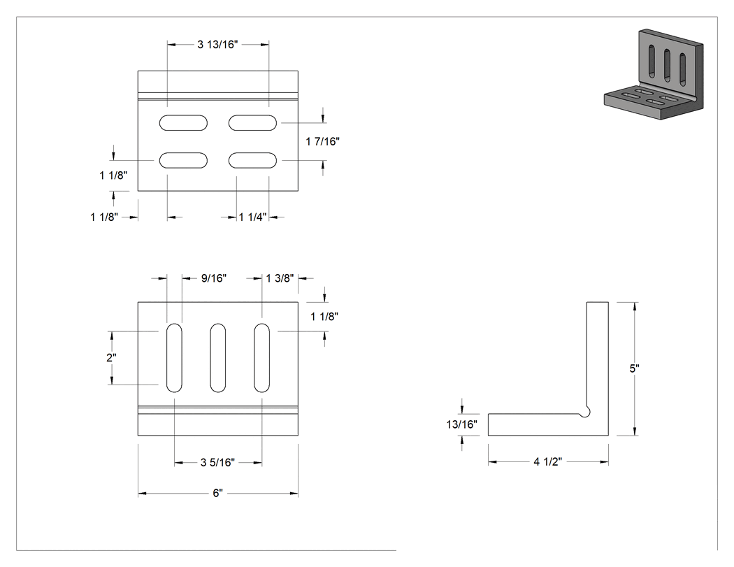 Teknik Çizim - 7 Yuvalı Açılı Plaka, 4-1/2" Uzunluk x 6" Genişlik x 5" Yükseklik