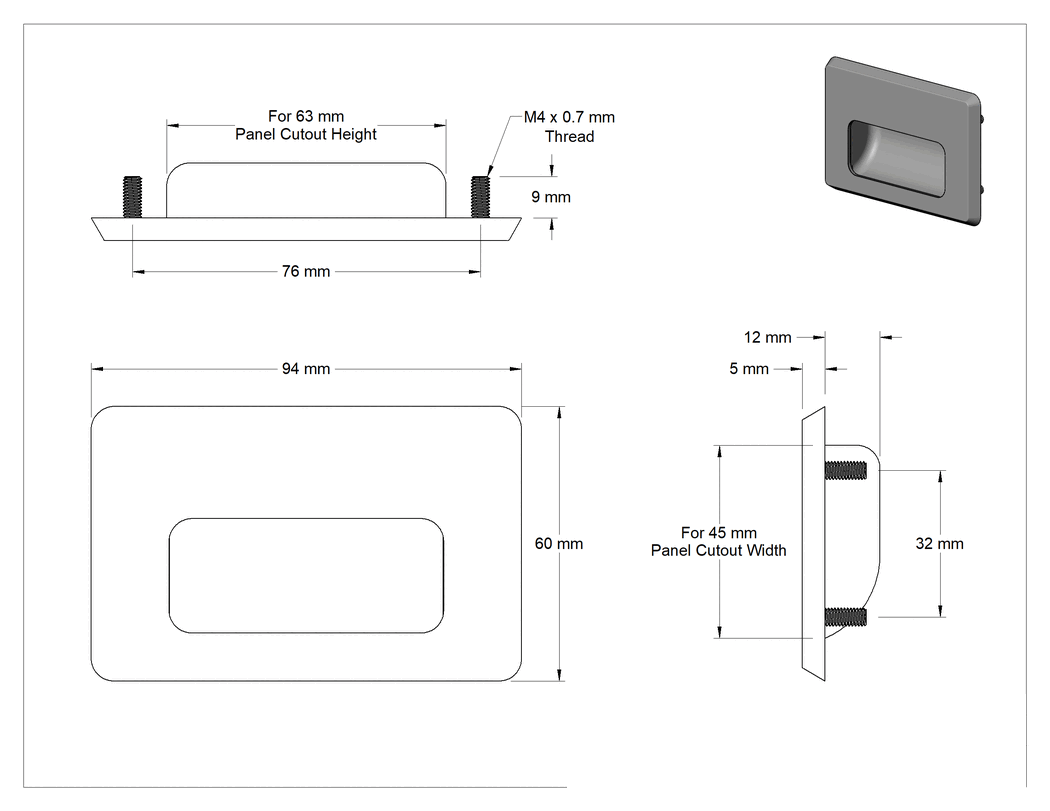 Teknik Çizim - Gömme Çekme Kolu, Parlatılmış 304 Paslanmaz Çelik, 94 mm Yükseklik, 60 mm Genişlik
