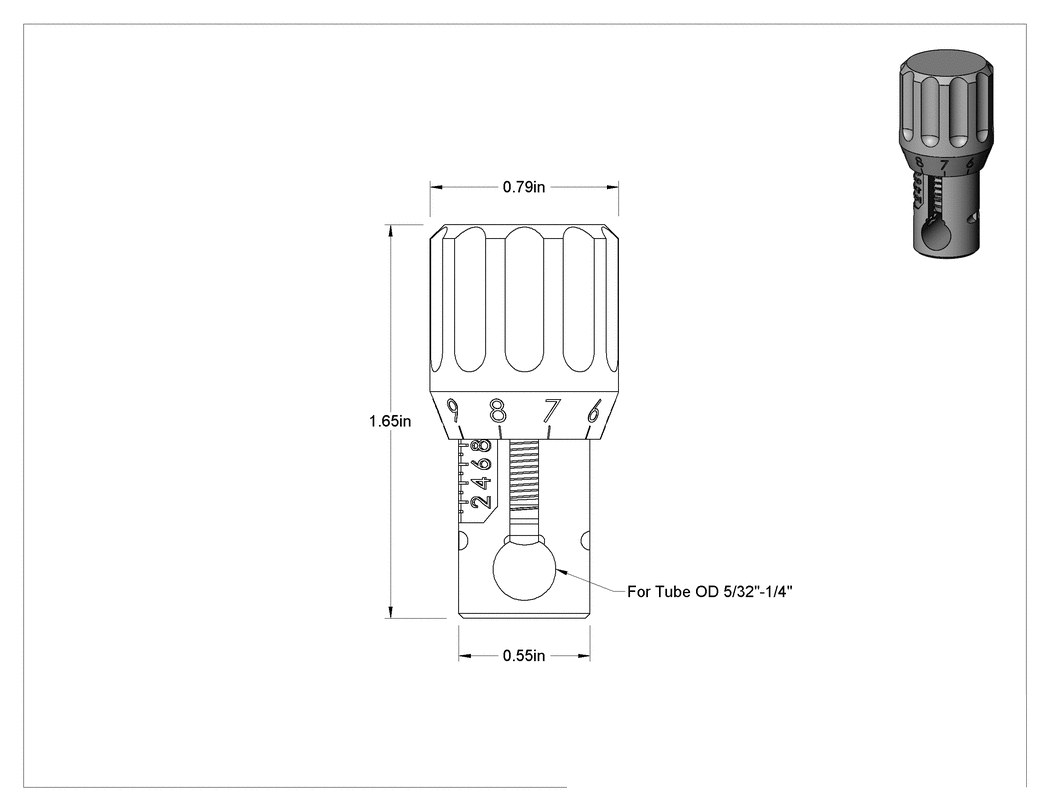 Teknik Çizim - Temassız Akış Ayar Valfi, Kadranlı Tutamak, Asetal, 5/32" ila 1/4" Boru Dış Çapı için