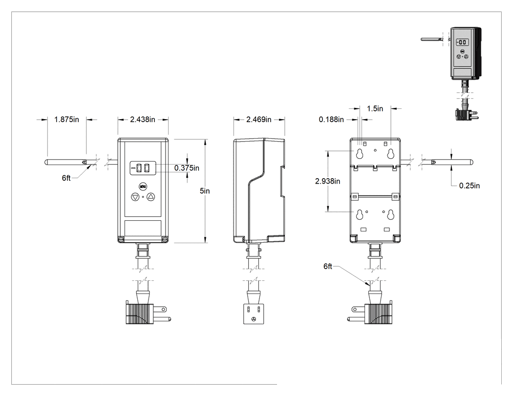 Teknik Çizim - Takılabilir Isıtıcılar için Açma/Kapama Sıcaklık Kontrolörleri, Takılabilir Isıtıcılar için, IP20 ve NEMA 1 Sınıfı