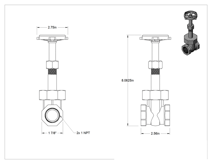 Teknik Çizim - Bronz Gövde ve Sürgülü Kademeli Açma/Kapama Vanası, Kolay Bakım, Tekerlek Kolu ve Yükselen Mil, 1 NPT Dişi