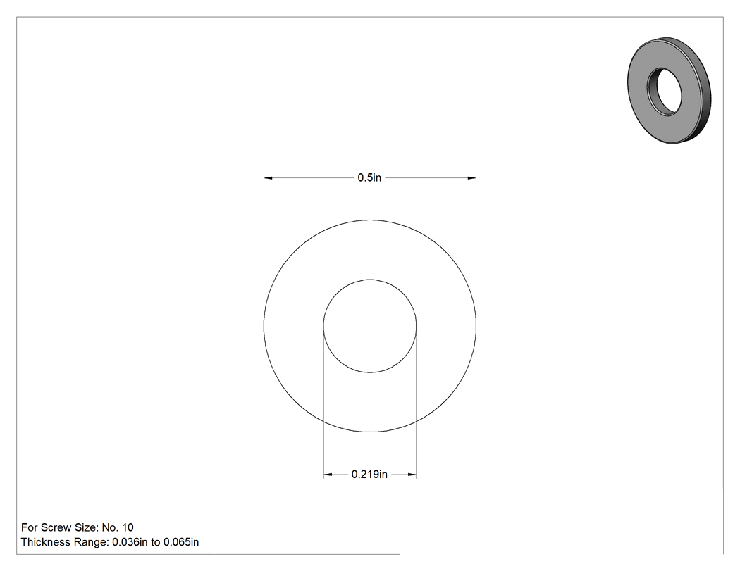 Teknik Çizim - Pirinç SAE Pul, 10 Numaralı Vida Boyutu için, 0.219" İç Çap, 0.500" Dış Çap