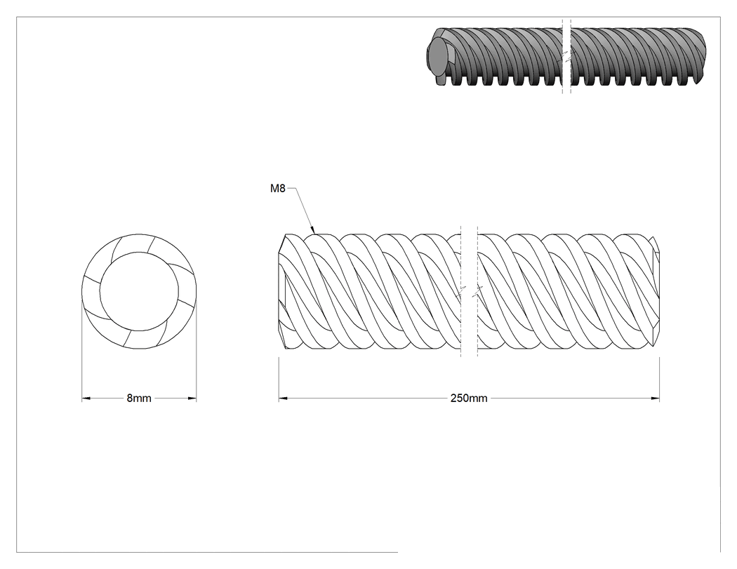Teknik Çizim - Hızlı Hareketli Ultra Hassas Kılavuz Vida, 304 Paslanmaz Çelik, M8 x 2.50 mm Diş, 250 mm Uzunluk