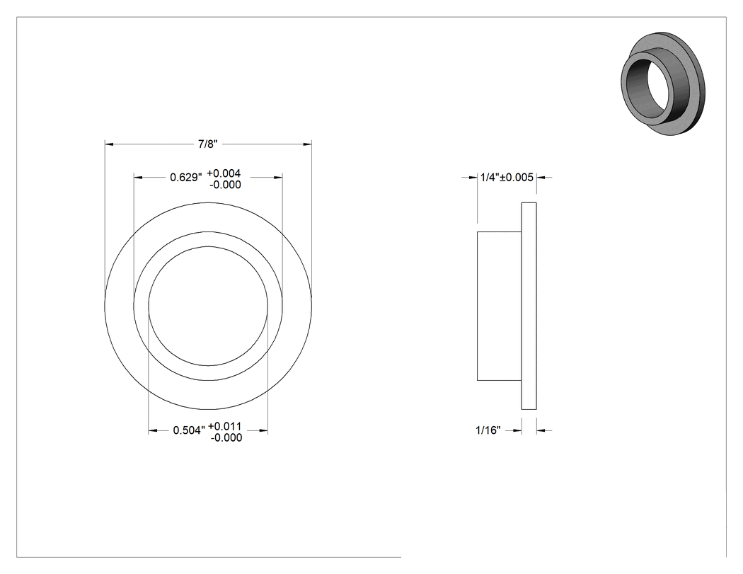 Teknik Çizim - Gıda ve İçecek Sektörü için Kuru Çalışan Burçlu Yatak, Flanşlı, UHMW, 1/2" Mil Çapı için, 1/4" Uzunluk