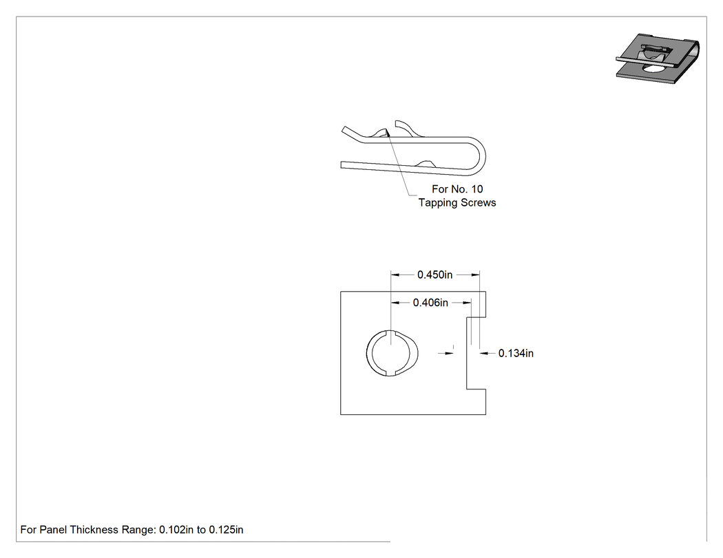 Teknik Çizim - Siyah Fosfat Çelik Yüksek Kavramalı Klipsli Somun, 10 Numaralı Vida için, 0.102" ila 0.125" Panel Kalınlığı