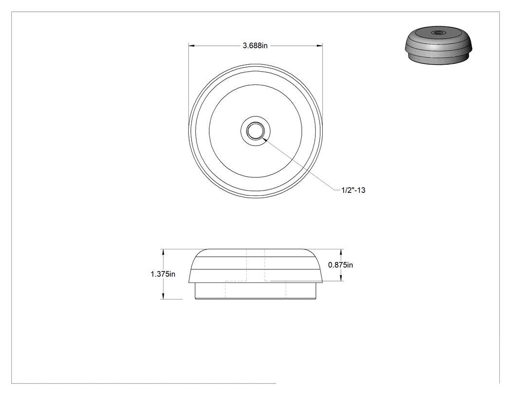 Teknik Çizim - Şok Emici Sert Seviyeleme Montaj Parçası, 1/2"-13 Dişli Delikli, Çinko Kaplamalı Kapak, 1200 lb. Kapasite
