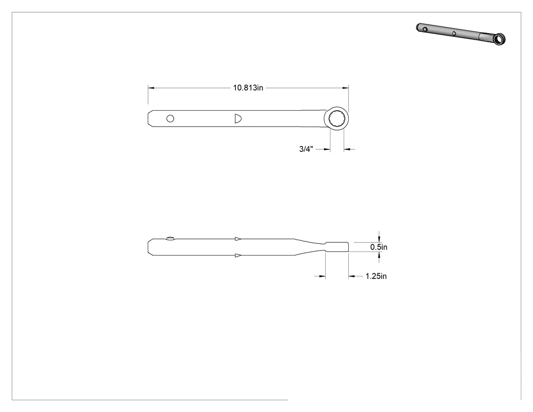 Teknik Çizim - Yüksek Kaldıraçlı Kutu Anahtarı, 3/4" Boyut, 10-7/8" Toplam Uzunluk