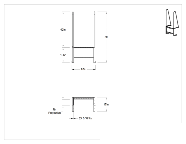 Teknik Çizim - Üstten Montajlı Merdiven, 5 Fit Yükseklik x 28" Genişlik x 17" Derinlik Toplam
