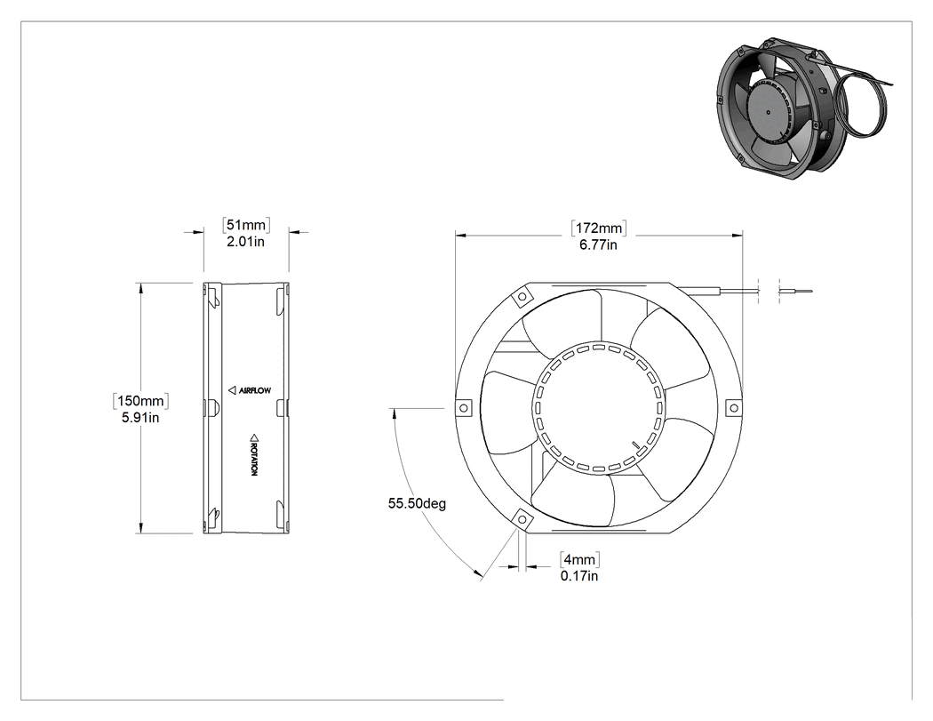 Teknik Çizim - Tehlikeli Ortamlar için Ekipman Soğutma Fanı, Dikdörtgen, 115-230V AC, 5.91 inç Yükseklik x 6.77 inç Genişlik x 2.01 inç Derinlik