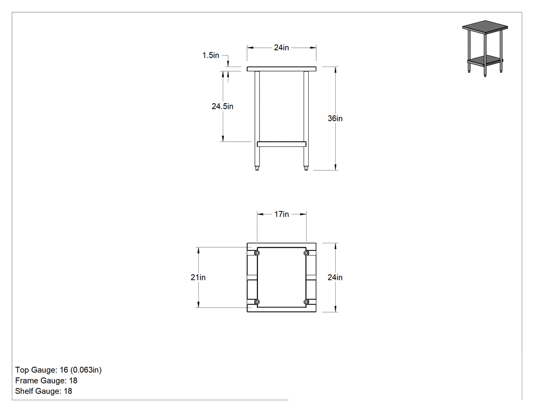 Teknik Çizim - Raflı Paslanmaz Çelik Masa, Sabit, 36" Yükseklik x 24" Genişlik x 24" Derinlik