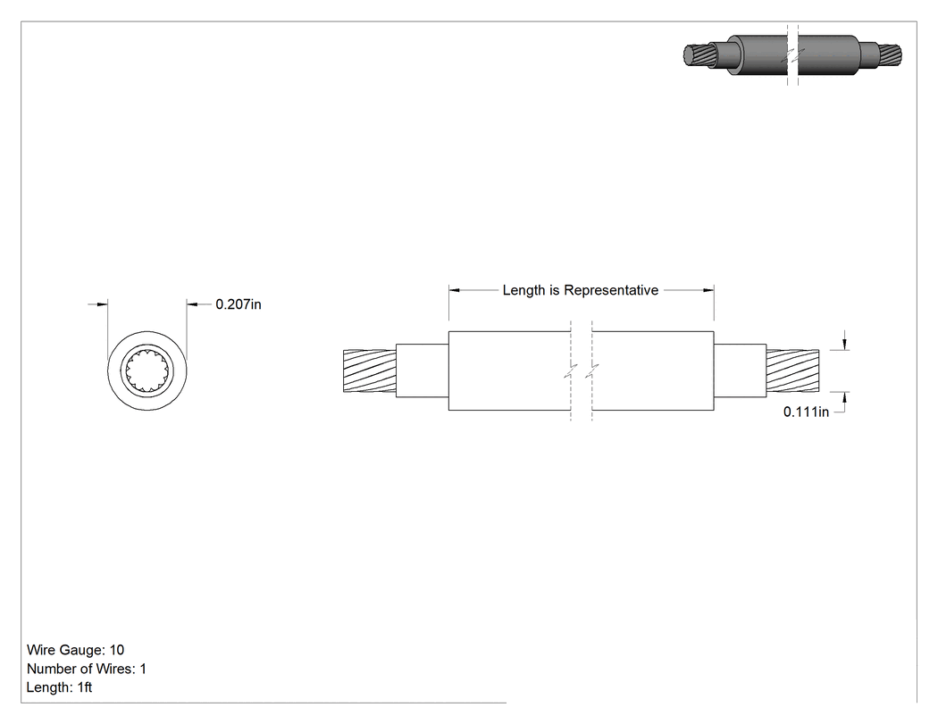 Teknik Çizim - Erime Bağlantı Teli, 10 AWG, 16/18 İplik Sayısı, 1 Fit Uzunluğunda