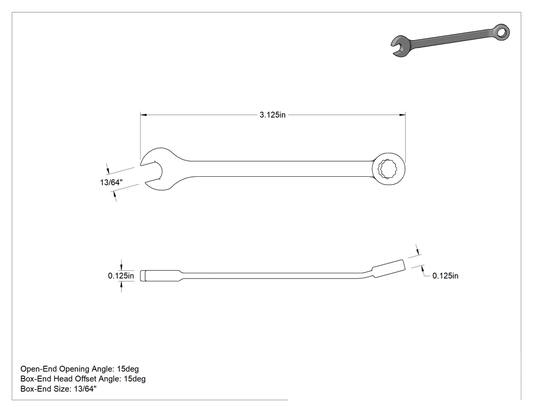 Teknik Çizim - 12 Uçlu Açıklık Kombinasyon Anahtarı, Kısa, 13/64" Boyut, 3-1/8" Toplam Uzunluk