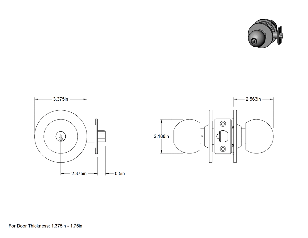 Teknik Çizim - Kapı Topuzu, C Yiv, Kendinden Kilitlenen, Aynı Anahtarlı, 2-3/8" Boğaz Mesafesi, Krom
