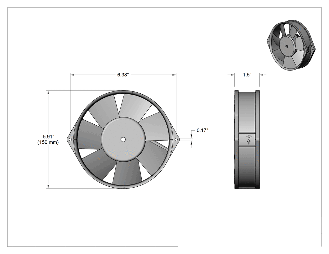 Teknik Çizim - Düşük Gerilim Ekipman Soğutma Fanı, Faston Terminalli 12 V DC, 5.91" Çap x 1.5" Derinlik Toplam, 181 CFM