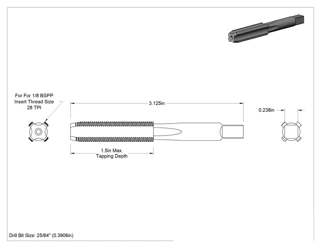 Teknik Çizim - Orta Ağızlı Helisel Dişli Ek Kılavuzu, 1/8 Uç Boyutu için, 1-1/2" Diş Uzunluğu