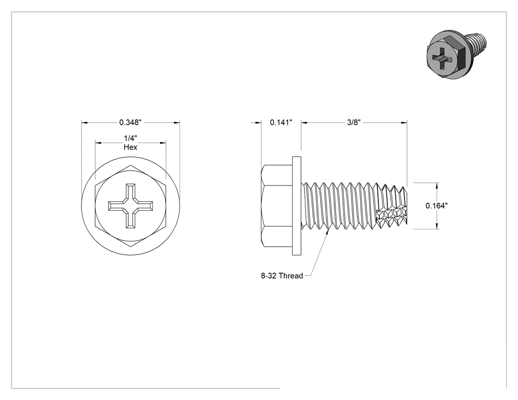 Teknik Çizim - Çelik Flanşlı Altıköşe Başlı Diş Açma Vidası, Phillips, Çinko Kaplamalı, 8-32 Diş Boyutu, 3/8" Uzunluk