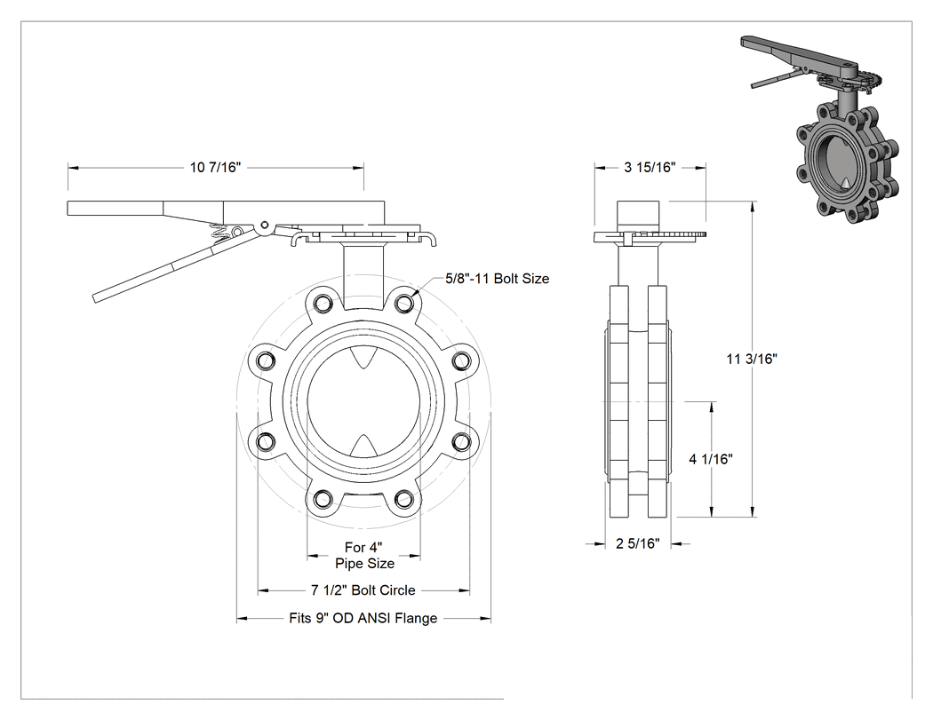 Teknik Çizim - 316 Paslanmaz Çelik Akış Ayar Pabuçlu Vana, Kol Tutacağı, 4 Boru Boyutu, Su için, Yağ ve Hava, Buna-N Yuvası