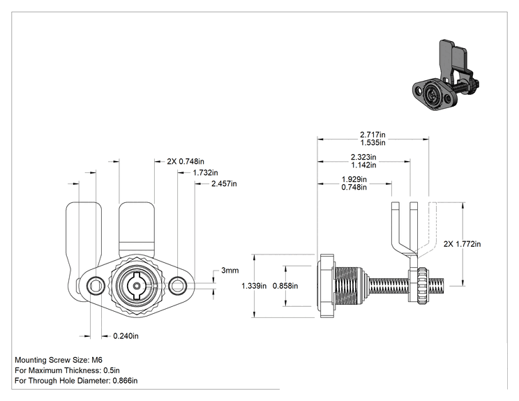 Teknik Çizim - Yüksek Basınçlı Yıkama Sıkı Tutuşlu Kam Kilidi, Ayarlanabilir Kilitleme, 316 Paslanmaz Çelik, 1/2" Maksimum Kalınlık için, 3 mm Anahtar Boyutu
