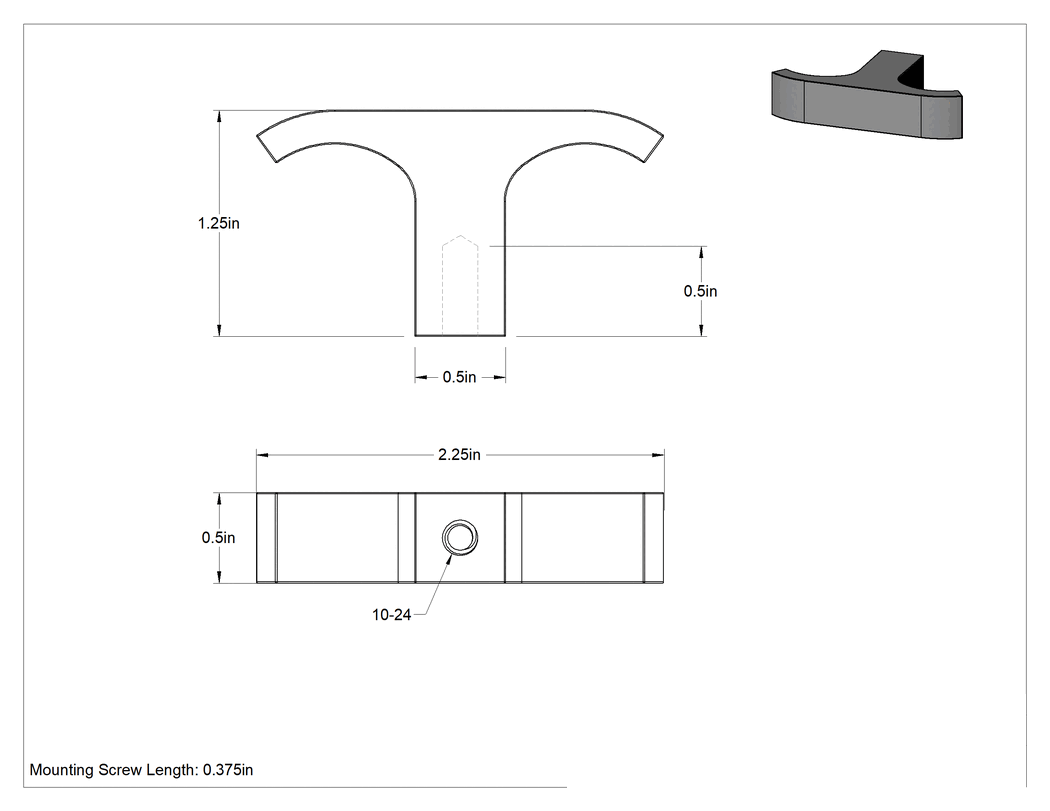 Teknik Çizim - Açık Uçlu Çekme Kolu, İki Kollu, Siyah Eloksallı Alüminyum, 10-24 Diş, 320°F