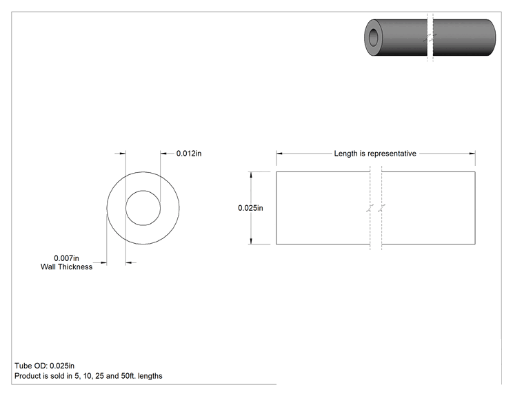 Teknik Çizim - Yüksek Sıcaklık ve Yüksek Saflıkta Yarı Şeffaf Silikon Boru, Yumuşak, 0.012" İç Çap, 0.025" Dış Çap