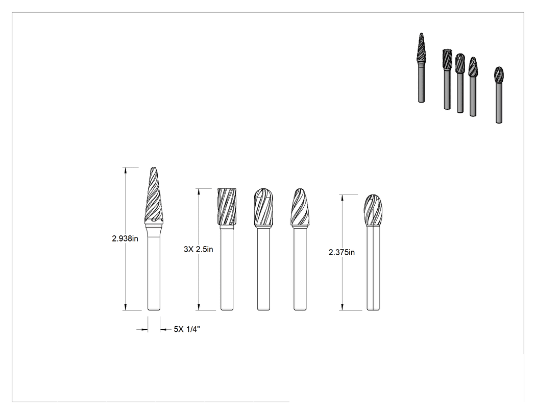 Teknik Çizim - Yumuşak Metaller ve Plastikler için Bur Seti, 5 Parça, 2-3/8" ila 2-15/16" Toplam Uzunluk