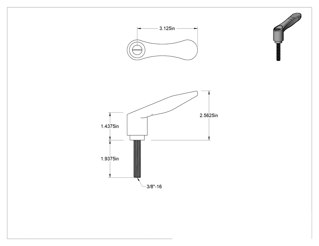 Teknik Çizim - Rahat Tutuşlu Naylon Ayarlanabilir Tutamak, 3/8"-16 Dişli 1-15/16" Uzunlukta Saplamalı