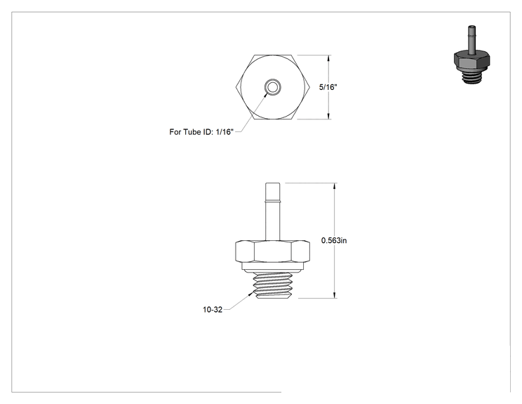 Teknik Çizim - Pirinç Düşük Basınçlı Tırnaklı Boru Bağlantısı, Altıgen Gövde Adaptörü, 1/16" Boru İç Çapı x 10-32 Erkek, 1 Çengelli