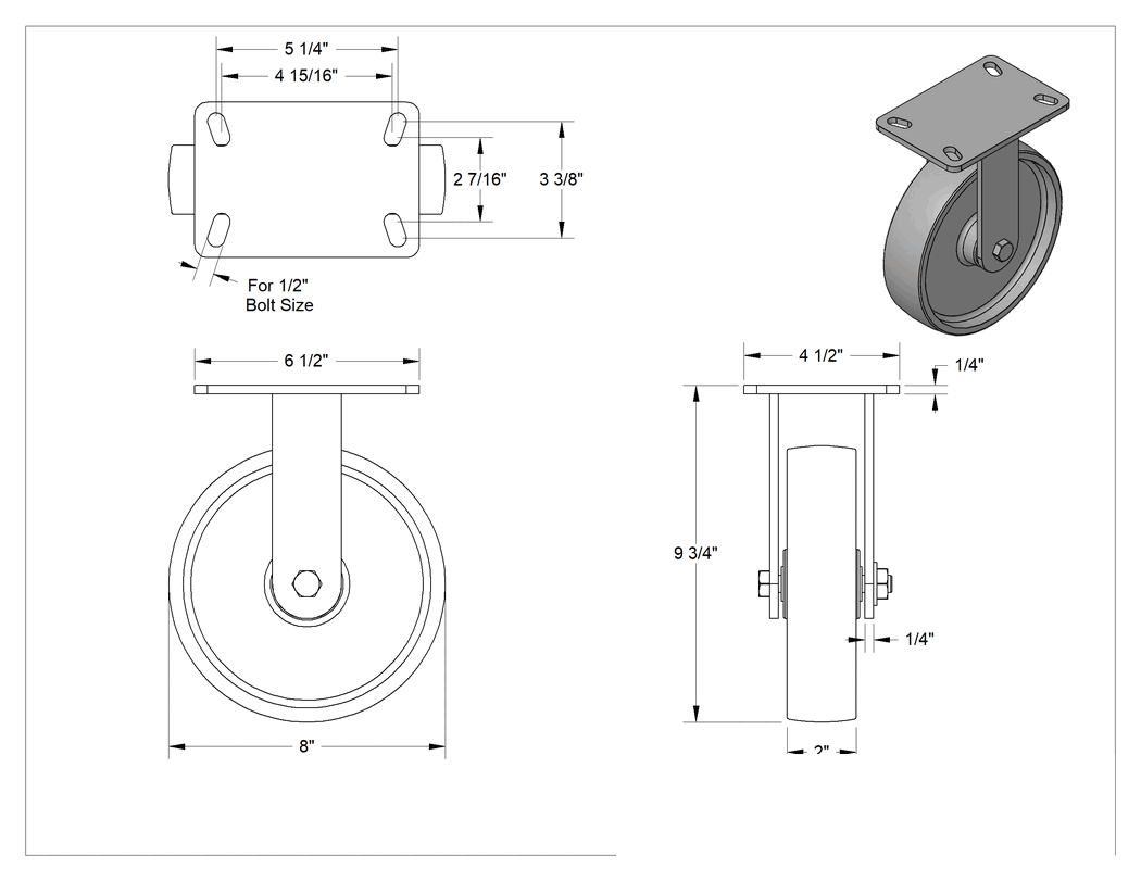 Teknik Çizim - 6-1/2" x 4-1/2" Plakalı Yüksek Kapasiteli Kingston Tekerlek, 8 inç Çapında Metal Tekerlekli Sert
