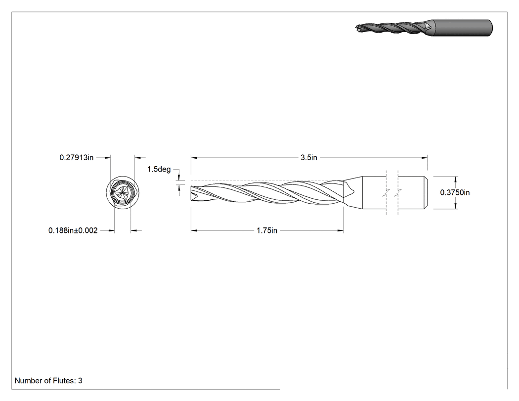 Teknik Çizim - TiAIN Kaplamalı Karbür Konik Kare Uçlu Freze, 3 Oluk, 1-1/2 Derece Konik, 9/32" Maksimum Konik Çap