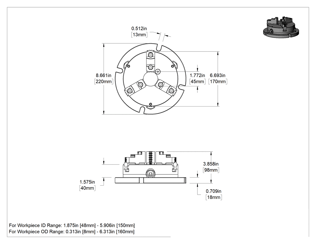 Teknik Çizim - Sabit Sıkıştırma Çenesi Fikstürü, 3 Ters Çevrilebilir Çene, 8 mm ila 160 mm İş Parçası Dış Çapı için