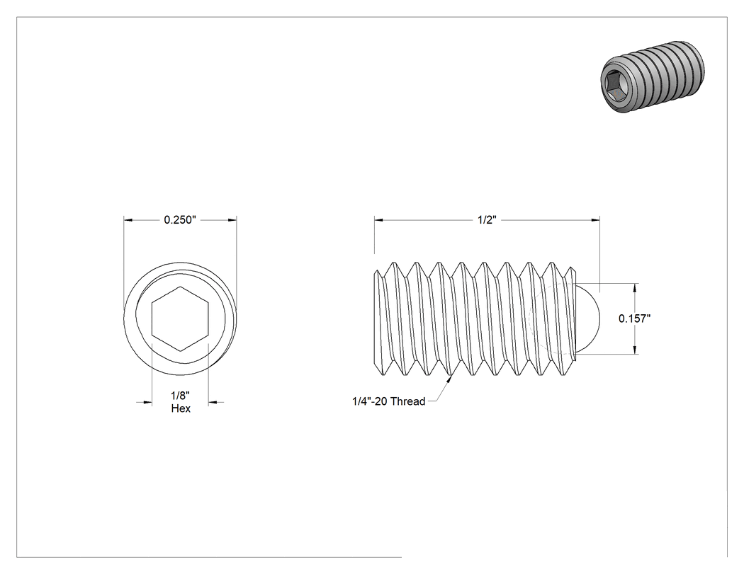 Teknik Çizim - Siyah Oksit Alaşımlı Çelik Top Uçlu Setskur, 1/4"-20 Diş, 1/2" Uzunluk
