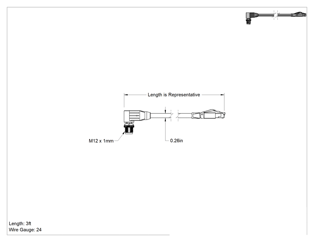 Teknik Çizim - Ethernet Kablosu, D Kodlu 90 Derece Dirsekli M12 x RJ45 Fişli, 3 Fit Uzunluk