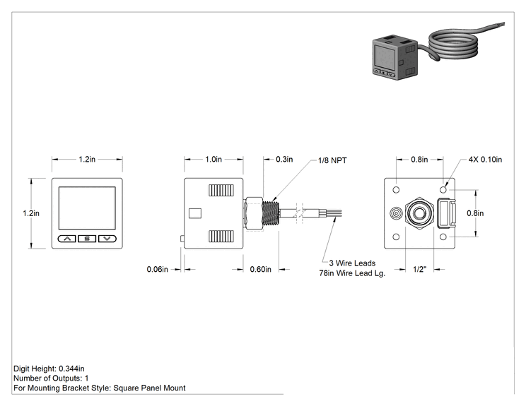 Teknik Çizim - Basınçlı Hava için Elektronik Basınç ve Vakum Anahtarları, Basınçlı Hava için, 1/8 NPT Erkek Bağlantı