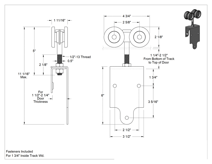 Teknik Çizim - Rulo Rayı için Montaj Plakalı Askı, Çinko Kaplı Çelik, 1-1/2" ila 2-1/4" Kapı Kalınlığı için